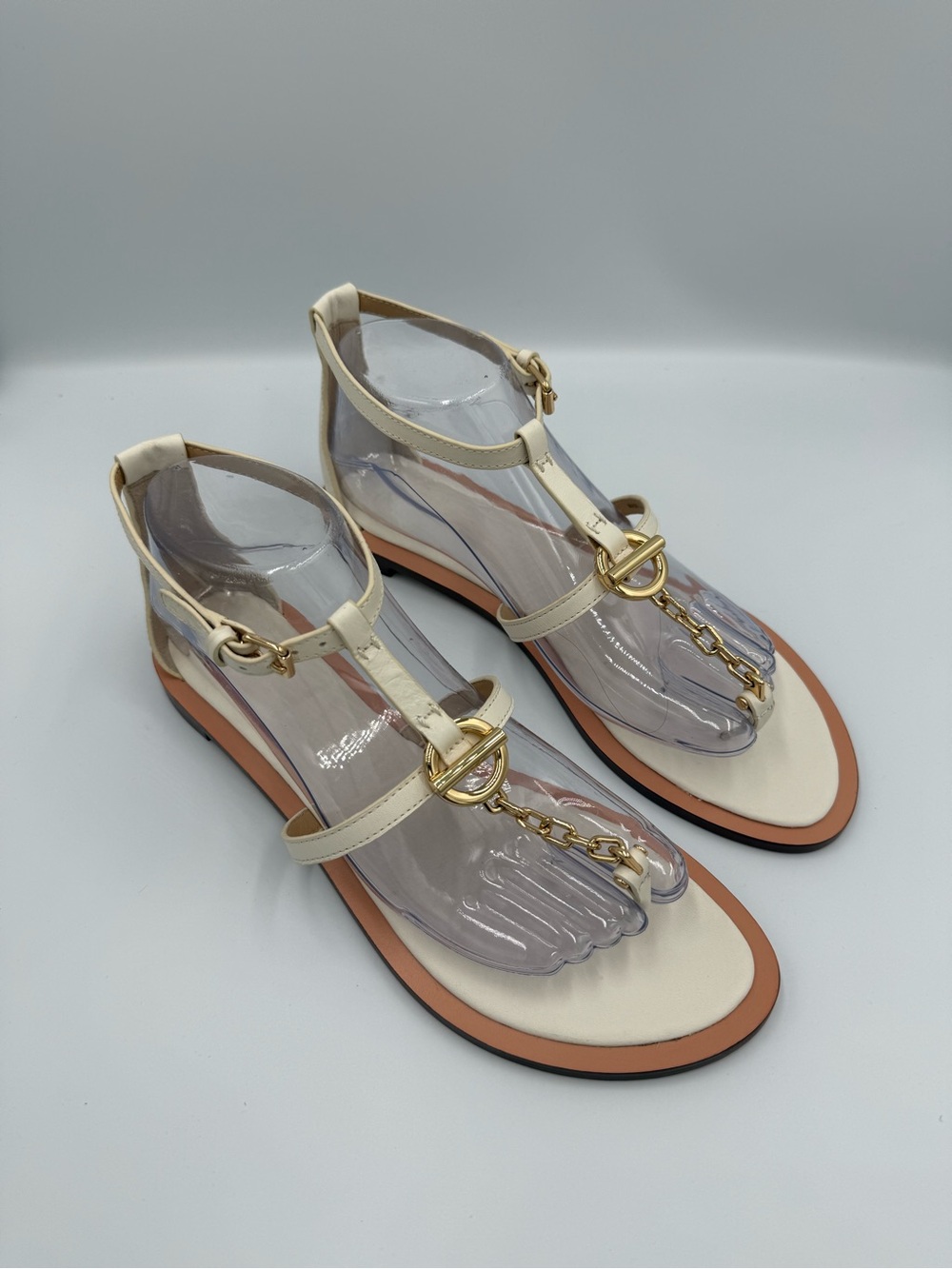 Tory Burch Cream Leather T‑Strap Sandals with Gold Chain
